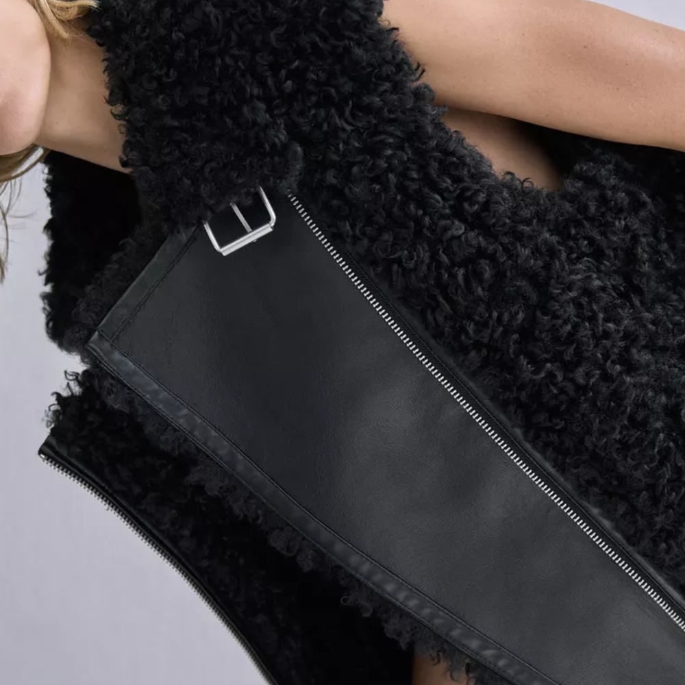 Zara Black Reversible Shearling Vest with Metallic Buckle